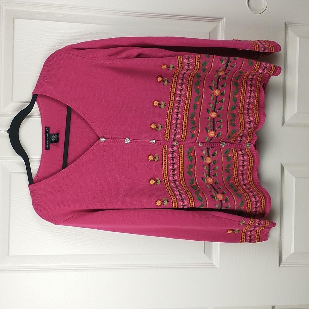 Sarah Spencer Stripe Raised Floral V Neck Button Down Long Sleeve Cardigan Large